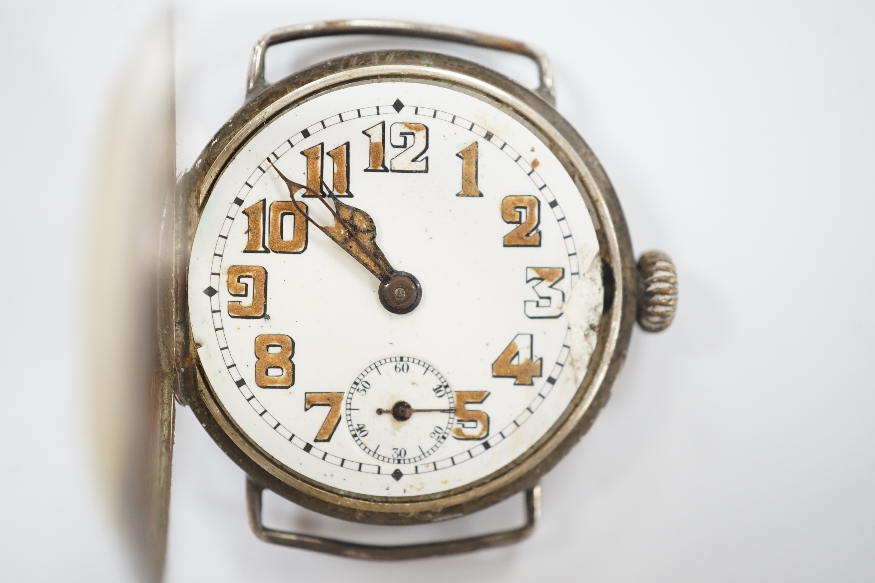 A WWI Rolex silver manual wind wristwatch, case hallmarked for 1916, case diameter 34mm, no strap.